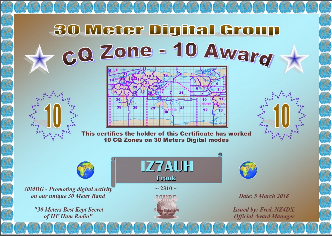 30MDG CQZ-10 Award Certificate #2310