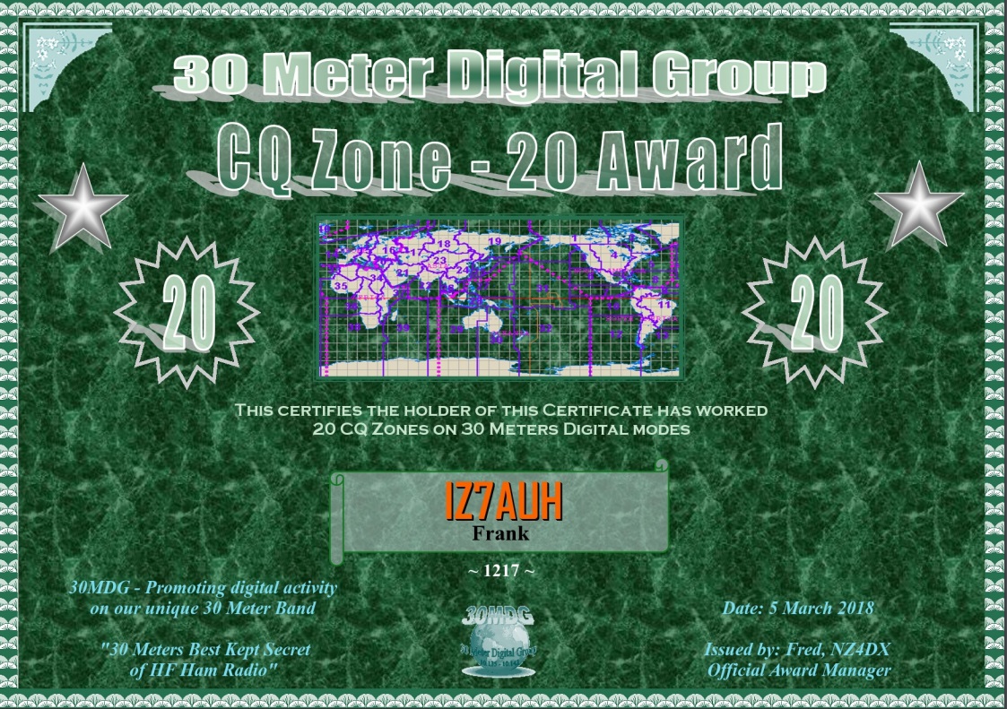 30MDG CQZ-20 Award Certificate #1217