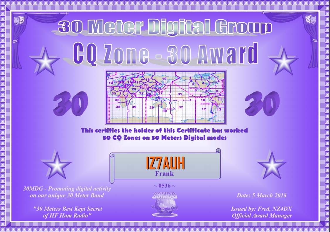 30MDG CQZ-30 Award Certificate #0536
