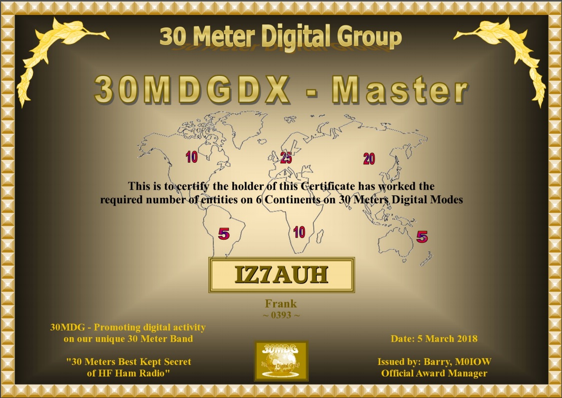 30MDG DX-MASTER Award Certificate #0393